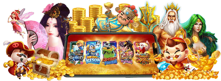 ภาพโทรศัพท์มือถือแสดงตัวละครจากเกมสล็อตคาสิโนออนไลน์ยอดนิยม เล่นสนุก ได้เงินจริง